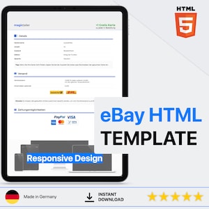 Könnte beinhalten: Ein Screenshot einer Website-Vorlage für eBay-Verkäufer, mit responsive Design, Zahlungsoptionen und Versandinformationen. Die Vorlage ist in Deutschland hergestellt und steht zum sofortigen Download bereit. Die Website ist benutzerfreundlich und einfach zu navigieren.