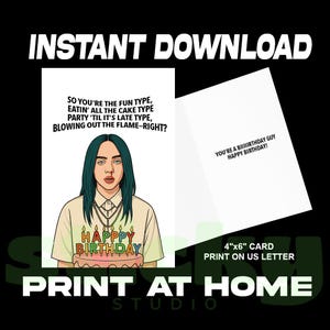 Tarjeta de cumpleaños de la villana Billie Eilish -Golpéame fuerte y suave- Tarjeta de cumpleaños - Descarga digital instantánea - Impresión de tarjetas en casa - Tarjeta digital