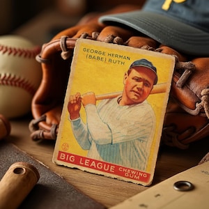 May include: Vintage baseball card featuring George Herman (Babe) Ruth, with a baseball, glove, and cap. The card is yellowed with age and has the words "Big League Chewing Gum." The baseball is white with red stitching. The glove is brown leather.