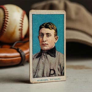 May include: A vintage baseball card featuring a portrait of a baseball player in a white uniform with a blue "D" on the chest. The card has a blue background and the text "WAGNER, PITTSBURG" at the bottom.