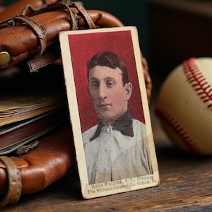 May include: Vintage baseball card featuring Hans Wagner, with a portrait against a red background. A baseball, mitt, and old books are in the background. The card is from The Williams Caramel Co. of Oxford, Pa.