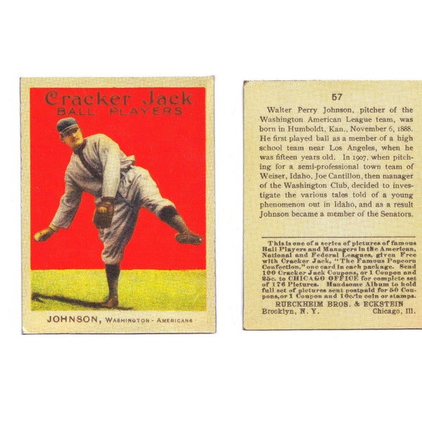 1914 Walter Johnson Cracker Jack Baseball Card Reprint - Vintage Collectible for Baseball Enthusiasts!