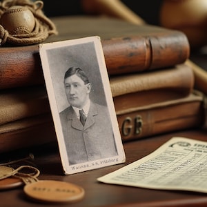 May include: Vintage baseball memorabilia featuring a Honus Wagner trading card, a baseball, and a score sheet. The card displays a black and white portrait of Wagner. The items are arranged on a wooden surface with old books in the background.