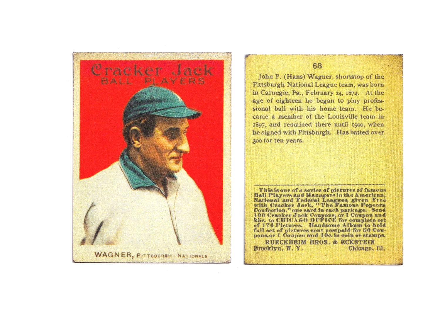 Hand Aged Rare 1914 Honus Wagner Cracker Jack Baseball Card Reprint