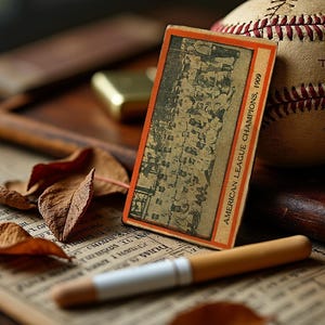 May include: A vintage baseball with red stitching and a baseball card that reads "American League Champions, 1969." The card is next to a wooden bat and a pen on top of a newspaper. Dried leaves are scattered around the items.