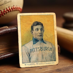 May include: Vintage baseball card featuring Honus Wagner, with the text "PITTSBURGH" on his jersey. The card is set against a backdrop of a baseball, glove, and bat, evoking a nostalgic feel. The card reads "WAGNER, World's Champions".