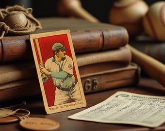 Peut inclure: Carte de baseball vintage avec Honus Wagner en uniforme des Pirates de Pittsburgh, sur fond rouge. La carte est présentée avec des balles de baseball, une batte et des livres anciens, évoquant un thème sportif nostalgique.