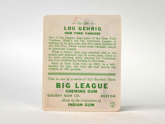 1933 Goudey Lou Gehrig #160 Reprint – Faithful Rendition, Hand