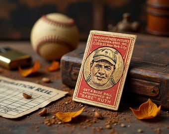 May include: Vintage baseball card featuring Babe Ruth, with text indicating it's from Schapira Bros. Inc., New York City. A baseball and scattered leaves are in the background, evoking a nostalgic feel. The card is red and gold.