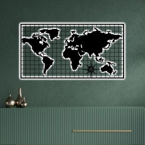 Mapa del mundo de metal, continentes, arte de pared de metal con LED, decoración para el hogar y la oficina, letrero LED, diseño de pared de metal, colgante de pared, decoración de interiores para la entrada