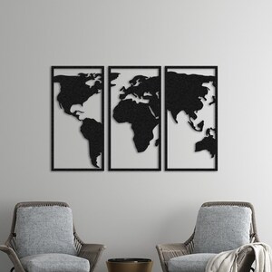 Mapa del mundo de metal de 3 piezas para pared, decoración de continentes para el hogar y la oficina, colgante largo y estrecho.