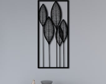 Décoration murale en feuille de métal, style nature moderne, œuvre d'art pour la maison avec de longues feuilles