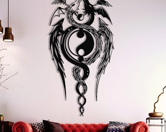 Yin Yang Decor Dragon Art Metal Wall Art Yinyang Art Black White Balance Decor Dragon Wall Art Legendary Fantasy Dragon draco art Wall Decor