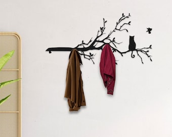 Metal Tree Branch Hook Coat Rack with Cat Decor, Modern Wall Hanger Hooks