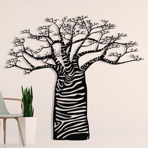 May include: Black and white silhouette of a baobab tree with a thick trunk and many branches. The tree is stylized with a zebra-like pattern on the trunk.