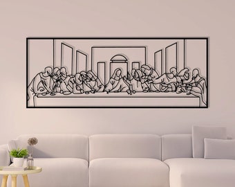 Metalen wanddecoratie met het Laatste Avondmaal, lijntekening van Leonardo da Vinci voor in de keuken of als woondecoratie.