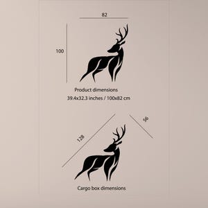 May include: Black metal deer silhouette wall decor with dimensions of 39.4x32.3 inches / 100x82 cm. The deer is shown twice in the image, once with the product dimensions and once with the cargo box dimensions.