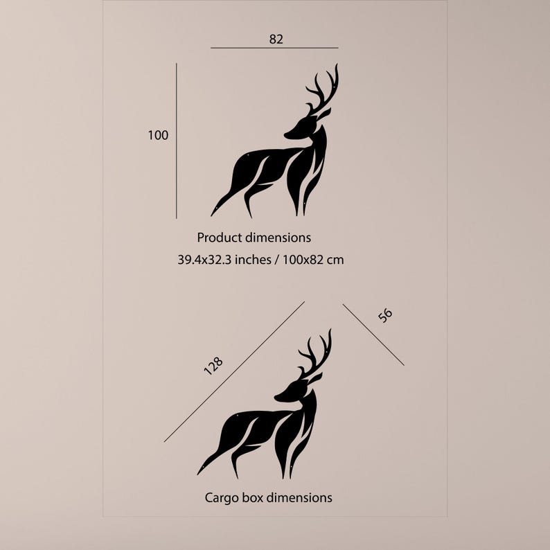 May include: Black metal deer silhouette wall decor with dimensions of 39.4x32.3 inches / 100x82 cm. The deer is shown twice in the image, once with the product dimensions and once with the cargo box dimensions.