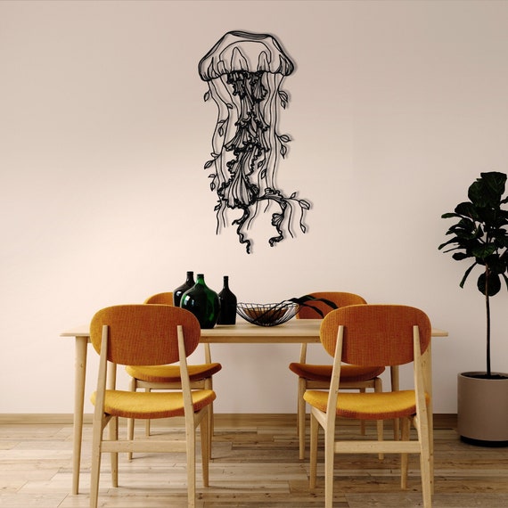 Jellyfish Metal Wall Art, Sea Life Decor, Minimalist Line Art, Laser-Cut Steel Home Decoration