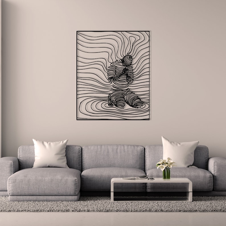 Metalen wanddecoratie met biddende handen, abstract lijnontwerp, huisdecoratie. afbeelding 1