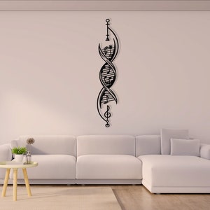 May include: Black metal wall art sculpture featuring a stylised DNA helix with musical notes and treble clefs. The sculpture is mounted on a white wall in a living room setting.