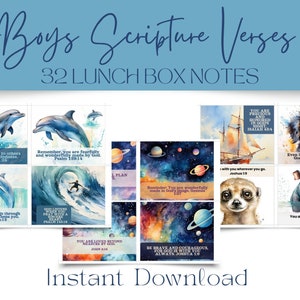 May include: A set of 32 printable lunchbox notes for boys featuring watercolor illustrations of animals, nature, and inspirational quotes. The notes include verses from the Bible such as "You are a blessing to others when you show kindness." and "Remember, you are fearfully and wonderfully made by God."