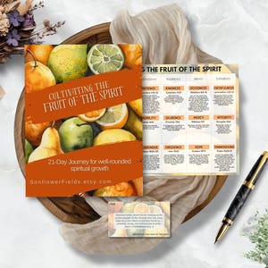 Fruit of the Spirit printable and fillable PDF devotional journal for spiritual growth, 21 days of scripture, reflection questions, prayers