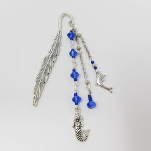 Mermaid & Dolphin Shepherds Hook Feather Bookmark Blue Beads ~ Silver-Tone ~ Free Shipping!