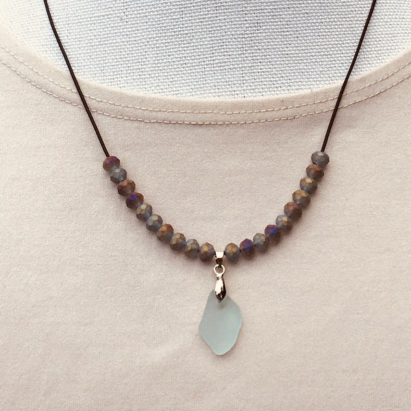 Genuine Pale Blue Sea Glass pendant and multi-colored luminescent beaded Necklace with matching earrings