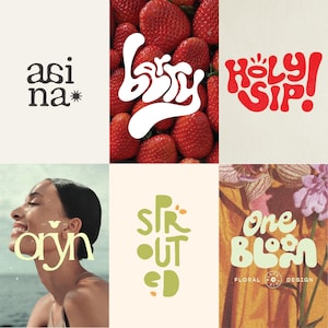 May include: A collection of six images with text and graphics. One image shows the words "asi na*" in a black serif font. Another displays the word "Berry" in white script over a background of strawberries. Other images include "Holy Sip!", "oryn", "Sprouted", and "One Bloom Floral Design".