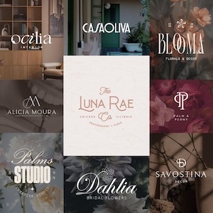 May include: A selection of logos featuring stylish typography and floral designs. The logos display names such as "Ocilia Interior", "Casaoliva", "Bloma Florals & Decor", "Alicia Moura", "The Luna Rae Co.", "Palm & Peony", "Palms Studio", "Dahlia Bridal Flowers", and "Savostina Decor".