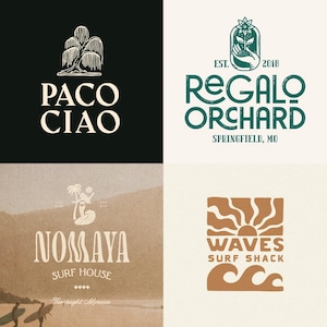 May include: Four logos with vintage designs. The top left logo has a tree and the text "PACO CIAO". The top right logo says "REGALO ORCHARD" with "EST. 2018" and "SPRINGFIELD, MO". The bottom left logo says "NOMAYA SURF HOUSE". The bottom right logo says "WAVES SURF SHACK".