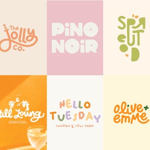 Può includere: Un collage di sei loghi e design di testo colorati. I loghi includono "The Jolly Co.", "PINO NOIR", "SPA CUT", "Still Young", "HELLO TUESDAY LONDON & NEW YORK" e "olive + emme". I design presentano caratteri giocosi e palette di colori pastello.