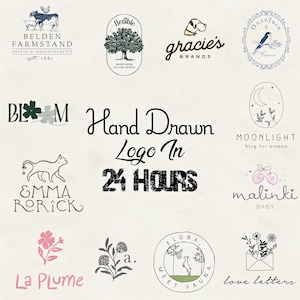 Peut inclure: Une collection de divers logos dessinés à la main présentant des illustrations d'animaux, de plantes et de texte. Le texte central indique Hand Drawn Logo In 24 HOURS. Les logos incluent Belden Farmstand, Herable, Gracie's Brands, OnzeJuin, Bloom, Moonlight, Emma Rorick, Malinki Baby, La Plume et Love Letters.