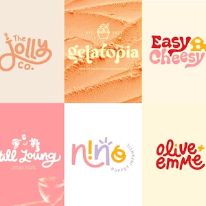 Può includere: Un collage di sei loghi in vari colori e caratteri. I loghi includono "The Jolly Co.", "gelatopia", "Easy Cheesy", "Still Young", "n!ño Buffet Infantil" e "olive+emme". I loghi sono probabilmente per attività legate al cibo.