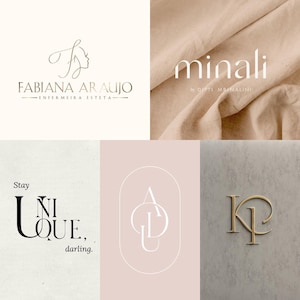 May include: A selection of logos in different styles. One logo displays the name "Fabiana Araujo" with a line drawing of a face. Another says "Minali" in a modern font. Other logos include the phrases "Stay Unique, darling" and initials.