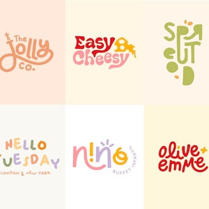 May include: Six vibrant logos with whimsical lettering. The designs include phrases such as "The Jolly Co.", "Easy Cheesy", "Sprout", "Hello Tuesday", "niño", and "olive+emme", each in a distinct font and colour scheme.
