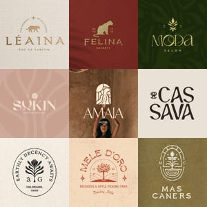 May include: A collection of nine logos in a variety of styles. The logos feature text and graphic elements, including a leopard, a flower, and a tree. The color palette includes gold, beige, and green.