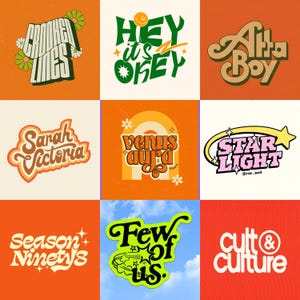 Könnte beinhalten: Ein Raster aus neun Grafikdesigns mit stilisierter Typografie und Illustrationen. Der Text umfasst Crooked Lines, Hey it's okay, Atta Boy, Sarah Victoria, venus aura, STAR LIGHT, Season Ninetys, Few of us und cult & culture in verschiedenen Farben.
