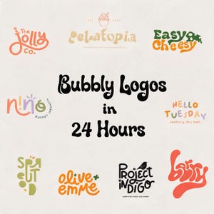 Pode incluir: Uma coleção de dez logotipos gráficos distintos com tipografia arredondada e em estilo bolha em várias cores, incluindo laranja, verde, preto e tons pastel. O texto central diz Bubbly Logos in 24 Hours, rodeado por nomes de marcas como The Jolly Co, Gelatopia, Easy Cheesy, Nino, Hello Tuesday, Sprout, Olive + Emme, Project Indigo e Barry.