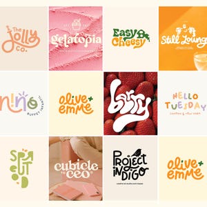 Può includere: Una collezione di loghi con vari design e colori. I loghi includono testi come "The Jolly Co.", "Gelatopia", "Easy Cheesy", "Still Loung", "Nino Buffet Infantil", "Olive + Emme", "Berry", "Hello Tuesday London & New York", "Spa Cut", "Cubicle to CEO", "Project Indigo" e "Olive + Emme".