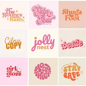 Può includere: Una griglia di nove design grafici con varie tipografie e icone. Il testo include The Bounce Bash, The Skin Bar, Shuga Foot, Citrus Copy, jolly nest, bestie, girl gloss, MOON THIEF e STAY SAFE, utilizzando tavolozze di colori rosa, arancione e rosso.
