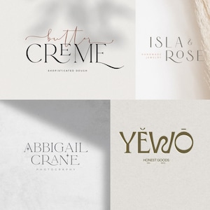 Puede incluir: Cuatro logotipos sobre un fondo neutro. Los logotipos incluyen "butter CREME" con "SHOPISTICATED DOUCH" debajo, "ISLA & ROSE" con "HANDMADE JEWELRY" debajo, "ABBIGAIL CRANE PHOTOGRAPHY" y "YEWO HONEST GOODS WOH".
