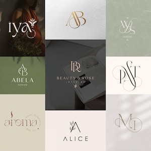 May include: A selection of sophisticated logos. The designs incorporate initials, floral motifs, and the names "Iya", "Abela Fashion", "Beauty & Rose Interior", "Aroma", and "Alice". The colour scheme features gold, white, and soft, earthy hues.