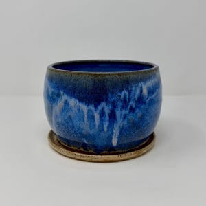 Peut inclure: Un pot de fleurs en céramique ronde avec un vernis bleu profond présentant des motifs de gouttes blanches et un bord foncé. Le pot repose sur une soucoupe circulaire assortie avec une finition beige mouchetée, offrant une base stable.