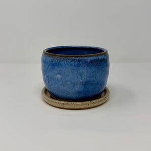 May include: A small, round ceramic planter with a vibrant blue glazed finish and a dark brown rim. The planter sits on a matching circular saucer that features a speckled, light beige finish with a textured, earthy appearance.