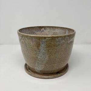 Grote gespikkelde lichtbruine keramische plantenbak met schaal