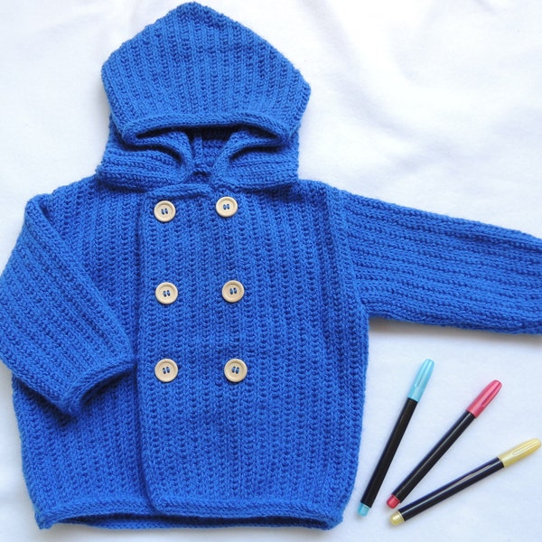 Manteau Bébé bleu mi-saison, veste à capuche, paletot, fait main, laine Oeko-Tex, tricoté main en France, choix des tailles et couleurs.