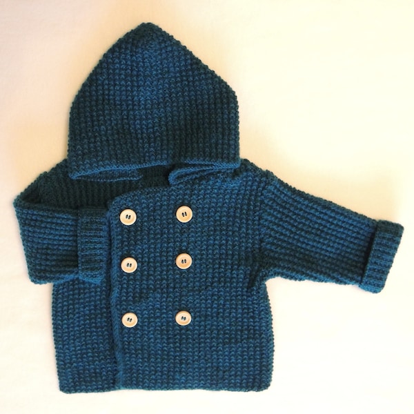 Manteau Bébé bleu mi-saison, veste à capuche, paletot, laine Oeko-Tex, tricoté main en France, choix des tailles et couleurs.