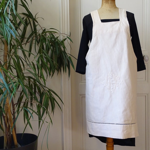 Chic Sand Monogram Linen Apron, Vintage Kitchen Style, Recycled Antique Sheet, Grandmother's Apron